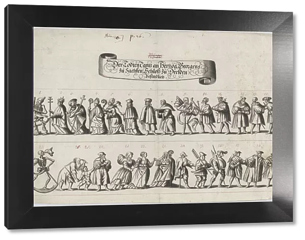 Plate from a book showing a procession of men and women with a skeleton at the beg... 17th century. Creator: Anon