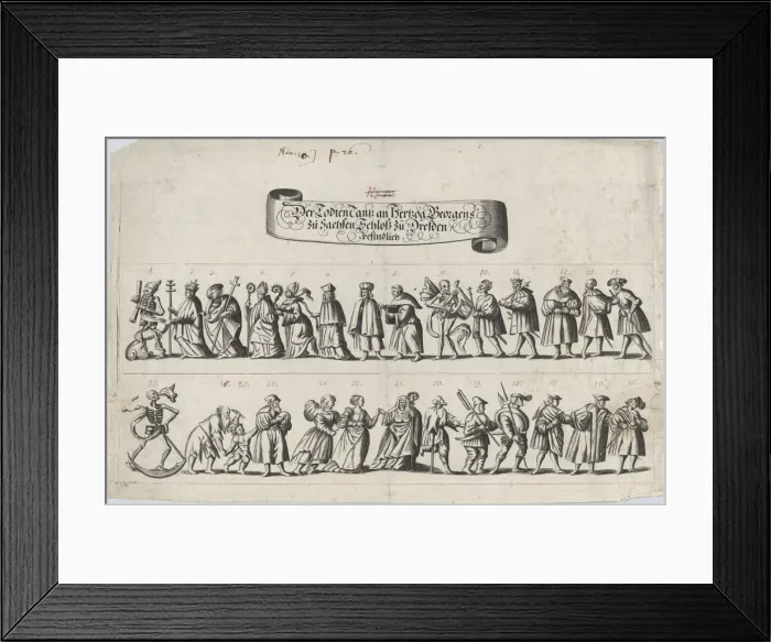 Framed Print : Plate from a book showing a procession of men and women with a skeleton at the beg... 17th century. Creator: Anon Framed Print : Plate from a book showing a procession of men and women with a skeleton at the beg... 17th century. Creator: Anon