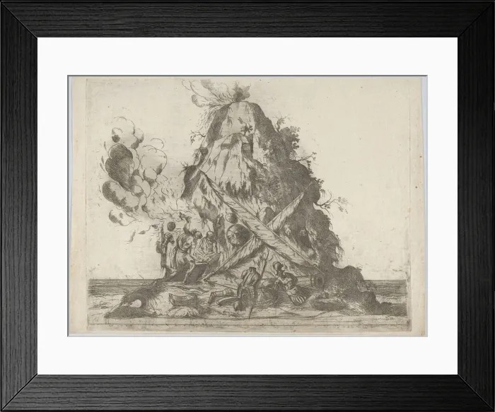Framed Print : Volcano at center with blacksmiths working at left and armor on the ground around... 16th century. Creator: Anon Framed Print : Volcano at center with blacksmiths working at left and armor on the ground around... 16th century. Creator: Anon