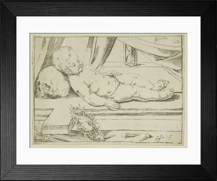 Framed Print : The infant Christ asleep on a cross, his head resting on a skull, a crown of thorn... 17th century. Creator: Anon Framed Print : The infant Christ asleep on a cross, his head resting on a skull, a crown of thorn... 17th century. Creator: Anon