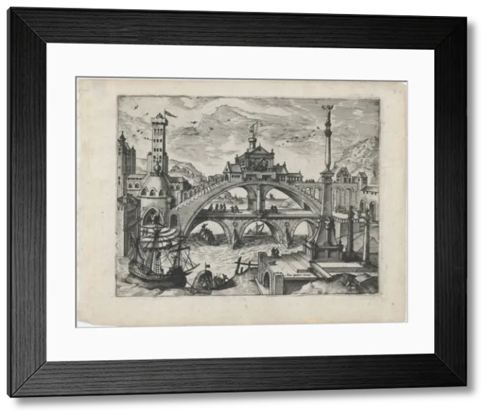 Framed Print : Riverscape with a Double Bridge, ca. 1570. ca. 1570. Creators: Anon, Lucas Gassel Framed Print : Riverscape with a Double Bridge, ca. 1570. ca. 1570. Creators: Anon, Lucas Gassel