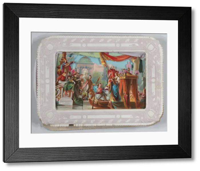 Framed Print : Valentine - Mechanical - scene of barge, troubadours, Temple of Hymen, ca. 1875. ca. 1875. Creator: Anon Framed Print : Valentine - Mechanical - scene of barge, troubadours, Temple of Hymen, ca. 1875. ca. 1875. Creator: Anon