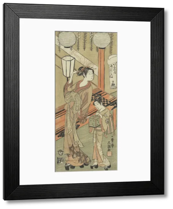 Framed Print : Courtesan and Attendant with a Cage of Fireflies, ca. 1770. Creator: Ippitsusai Buncho Framed Print : Courtesan and Attendant with a Cage of Fireflies, ca. 1770. Creator: Ippitsusai Buncho
