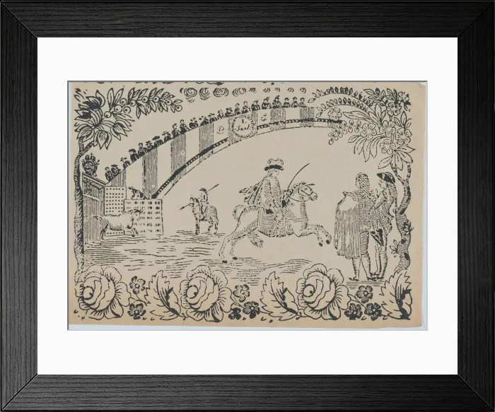 Framed Print : Suerte I: Bull entering the bullring after a law officer on horseback; two toreros... ca. 1850-80. Creator: Anon Framed Print : Suerte I: Bull entering the bullring after a law officer on horseback; two toreros... ca. 1850-80. Creator: Anon