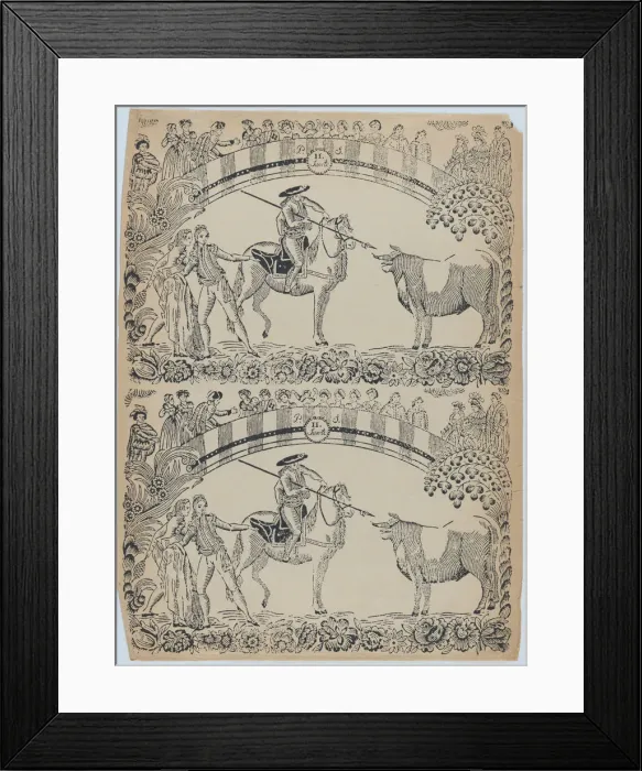 Framed Print : Suerte II: Picador on horseback about to stab a bull with a pique; two toreros behi... ca. 1850-80. Creator: Anon Framed Print : Suerte II: Picador on horseback about to stab a bull with a pique; two toreros behi... ca. 1850-80. Creator: Anon