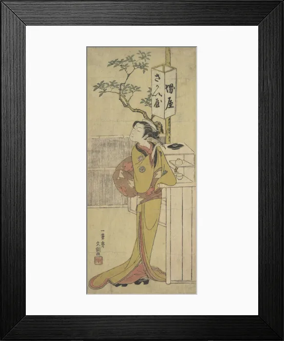 Framed Print : A Waitress of the Sakai-ya Teahouse Standing and Looking, ca. 1770. Creator: Ippitsusai Buncho Framed Print : A Waitress of the Sakai-ya Teahouse Standing and Looking, ca. 1770. Creator: Ippitsusai Buncho