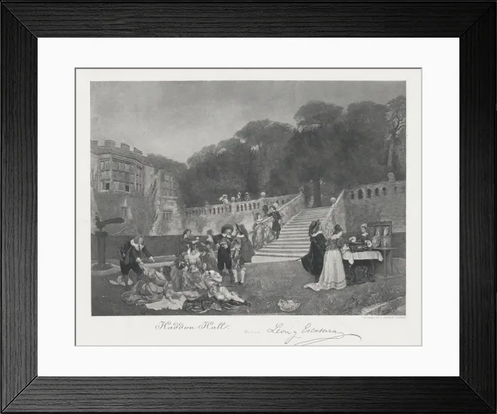 Framed Print : Haddon Hall with elegantly dressed figures in the foreground, 1881. Creator: After Ignacio de Leon y Escosura Framed Print : Haddon Hall with elegantly dressed figures in the foreground, 1881. Creator: After Ignacio de Leon y Escosura