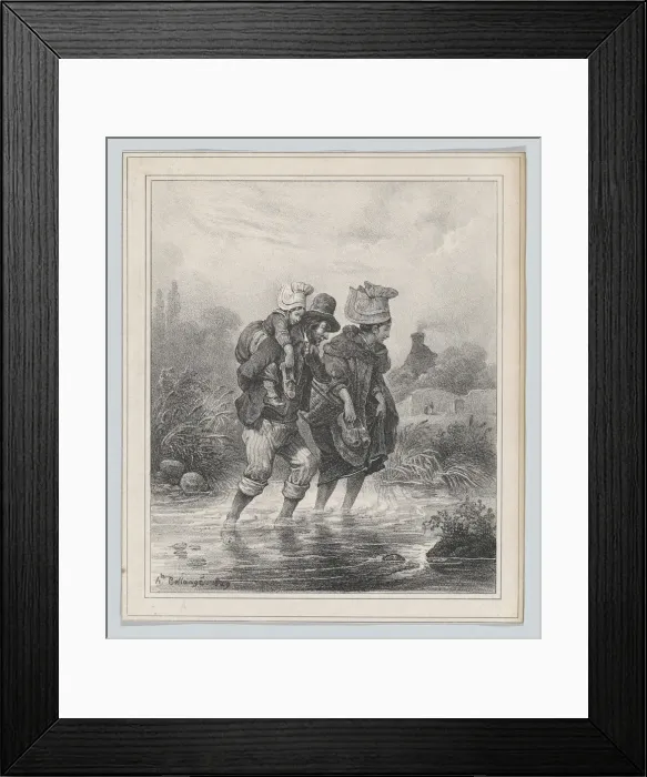 Framed Print : Man, Woman and Child Crossing a Stream, 1829. Creator: Hippolyte Bellangé Framed Print : Man, Woman and Child Crossing a Stream, 1829. Creator: Hippolyte Bellangé