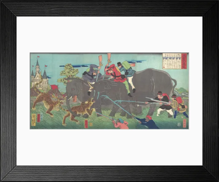 Framed Print : Big Elephants Being Attacked, 2nd month, 1863. 2nd month, 1863. Creator: Isshinsai Yoshikata Framed Print : Big Elephants Being Attacked, 2nd month, 1863. 2nd month, 1863. Creator: Isshinsai Yoshikata