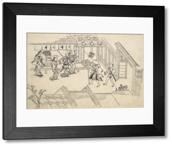 Framed Print : The Entrance to Ageya-machi, from the series Scenes in the Yoshiwara (Yoshiwara no tei)... 1681-84. Creator: Hishikawa Moronobu Framed Print : The Entrance to Ageya-machi, from the series Scenes in the Yoshiwara (Yoshiwara no tei)... 1681-84. Creator: Hishikawa Moronobu