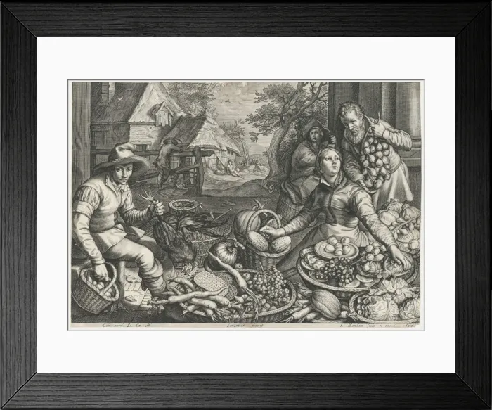 Framed Print : Market Scene, the Rest on the Flight into Egypt in the Background, from Kitchen and Market... 1603. Creator: Jacob Matham Framed Print : Market Scene, the Rest on the Flight into Egypt in the Background, from Kitchen and Market... 1603. Creator: Jacob Matham