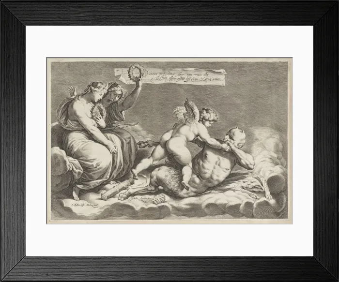 Framed Print : Cupid wrestling with Pan, amongst the clouds, with two allegorical women seated at le... 1598-1632. Creator: Jacob Matham Framed Print : Cupid wrestling with Pan, amongst the clouds, with two allegorical women seated at le... 1598-1632. Creator: Jacob Matham