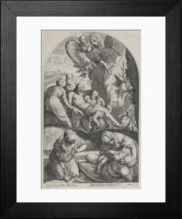 Framed Print : The Entombment, with Christs body carried on a sheet at center, the three Maries in the f... 1594. Creator: Jacob Matham Framed Print : The Entombment, with Christs body carried on a sheet at center, the three Maries in the f... 1594. Creator: Jacob Matham
