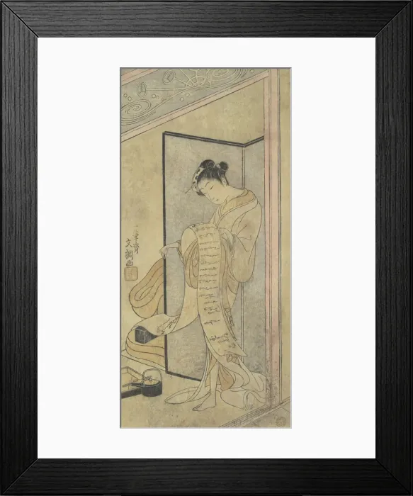 Framed Print : The Oiran Hanagiku Reading a Love Letter While Standing, ca. 1769. Creator: Ippitsusai Buncho Framed Print : The Oiran Hanagiku Reading a Love Letter While Standing, ca. 1769. Creator: Ippitsusai Buncho
