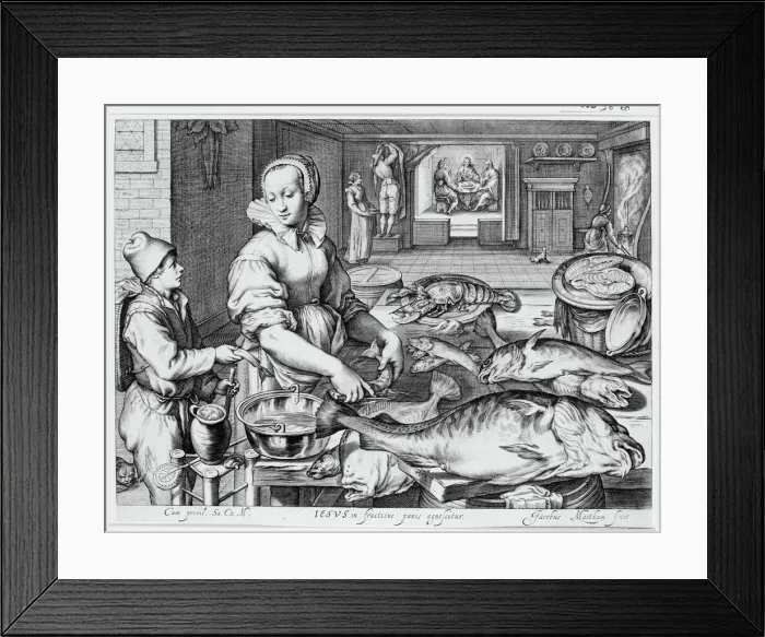 Framed Print : Kitchen Scene with Kitchen Maid Preparing Fish, Christ at Emmaus in the Background, fr... ca. 1603. Creator: Jacob Matham Framed Print : Kitchen Scene with Kitchen Maid Preparing Fish, Christ at Emmaus in the Background, fr... ca. 1603. Creator: Jacob Matham