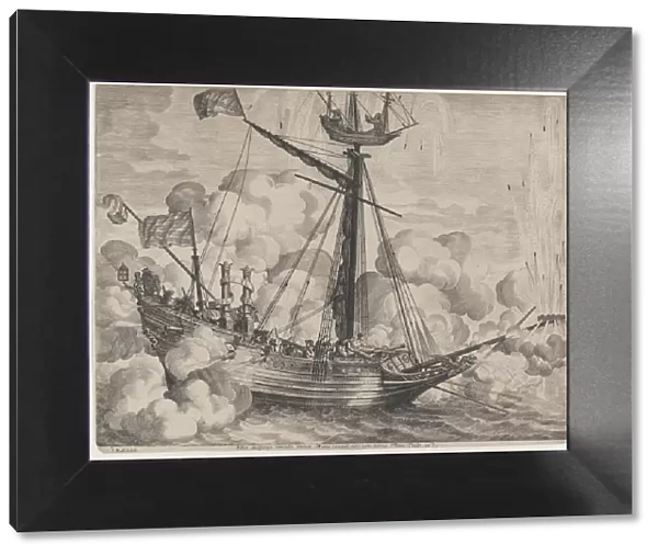 Plate 37: Triumphal ship with fireworks display to the right; from Guillielmus Becanus s... 1636. Creators: Jacob Neeffs, Johannes Meursius, Willem van der Beke