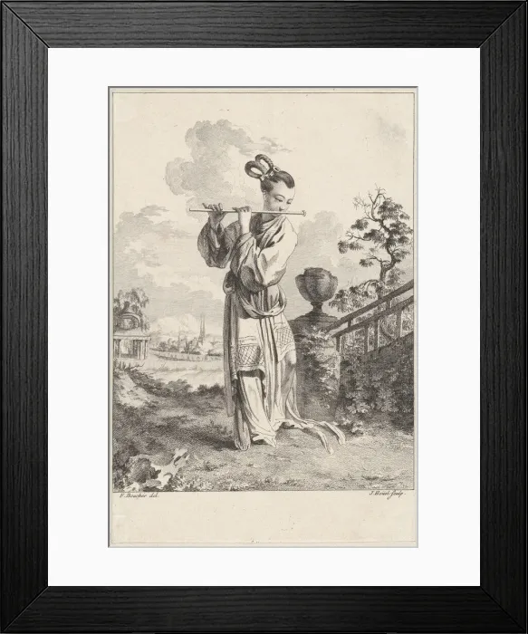 Framed Print : Chinoiserie with a woman playing a flute, from Suite de Figures Chinoises... Tire du C... 1755-76. Creator: Jean-Pierre Houel Framed Print : Chinoiserie with a woman playing a flute, from Suite de Figures Chinoises... Tire du C... 1755-76. Creator: Jean-Pierre Houel