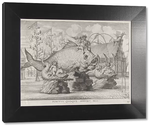 Plate 34: King Ferdinand as Neptune, seated on a whale at center, with putti atop two smal... 1636. Creators: Jacob Neeffs, Johannes Meursius, Willem van der Beke