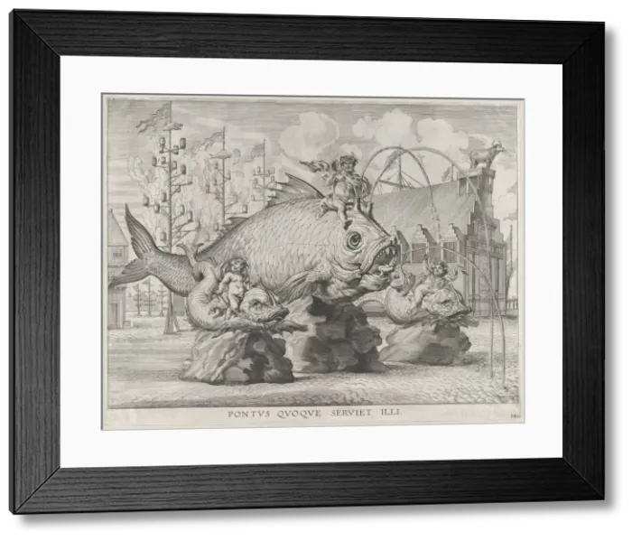 Framed Print : Plate 34: King Ferdinand as Neptune, seated on a whale at center, with putti atop two smal... 1636. Creators: Jacob Neeffs, Johannes Meursius, Willem van der Beke