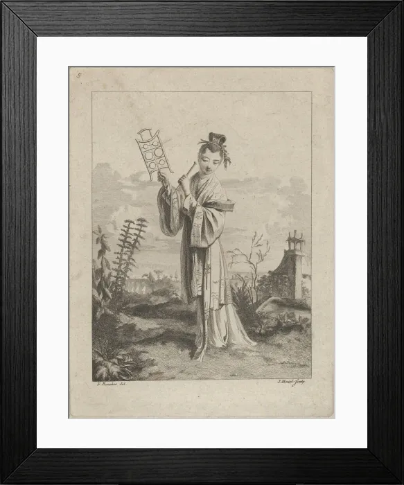 Framed Print : Chinoiserie with a woman playing a musical instrument, from Suite de Figures Chinoises... 1755-76. Creator: Jean-Pierre Houel Framed Print : Chinoiserie with a woman playing a musical instrument, from Suite de Figures Chinoises... 1755-76. Creator: Jean-Pierre Houel