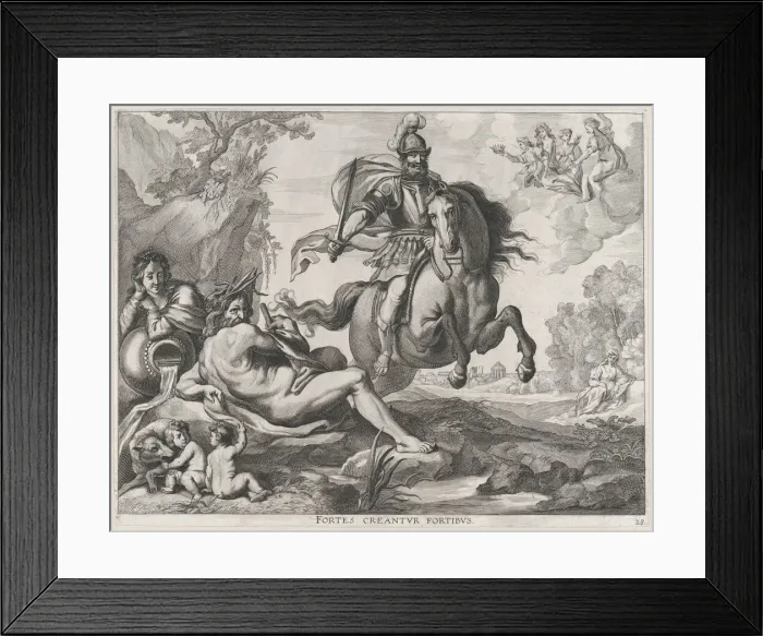 Framed Print : Plate 28: Mars on horseback at center, and Romulus and Remus with the wolf at lower left;... 1636. Creators: Jacob Neeffs, Johannes Meursius, Willem van der Beke