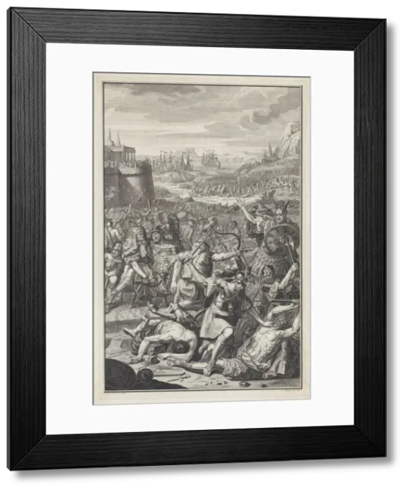 Framed Print : Battle scene with a man about to be stabbed with a sword at lower right, 1730. Creator: Jan Caspar Philips Framed Print : Battle scene with a man about to be stabbed with a sword at lower right, 1730. Creator: Jan Caspar Philips