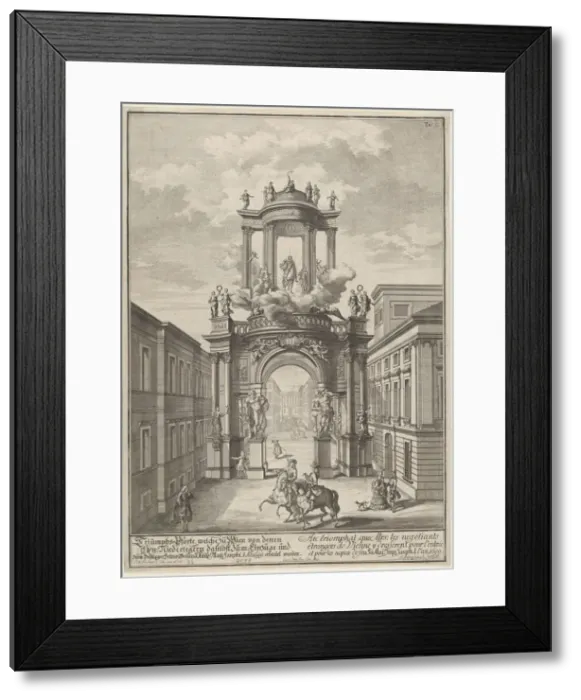 Framed Print : Triumphal arch erected by the foreign merchants of Vienna for the marriage of Joseph... after 1699. Creator: Johann Adam Delsenbach