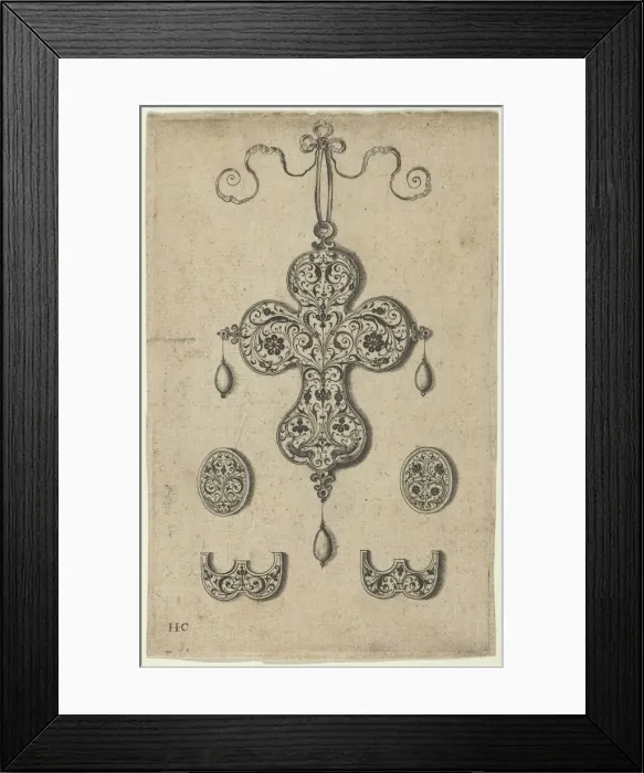 Framed Print : Design for the Verso of a Cross-Shaped Pendant Above a Pair of Oval Ornaments and A... before 1573. Creator: Jan Collaert I Framed Print : Design for the Verso of a Cross-Shaped Pendant Above a Pair of Oval Ornaments and A... before 1573. Creator: Jan Collaert I