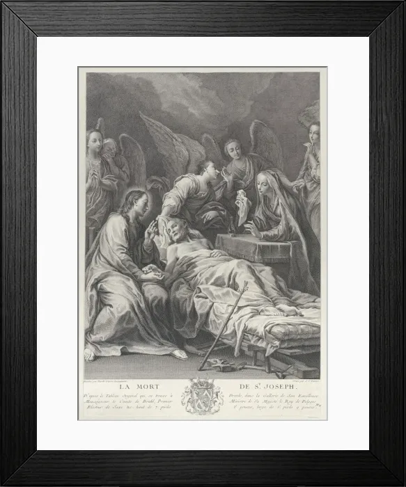 Framed Print : The death of Saint Joseph, lying on a bed, with Jesus, the Virgin Mary, and angels at h... 1740-50. Creator: Johann Christian Teucher Framed Print : The death of Saint Joseph, lying on a bed, with Jesus, the Virgin Mary, and angels at h... 1740-50. Creator: Johann Christian Teucher