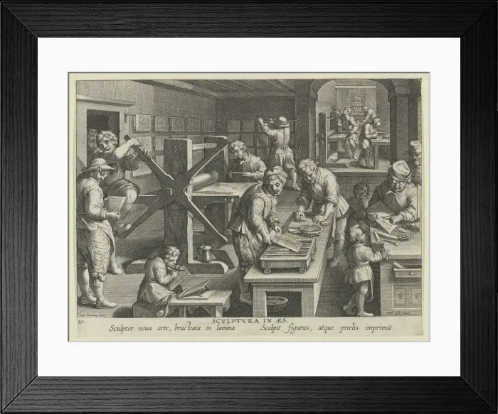 Framed Print : New Inventions of Modern Times [Nova Reperta], The Invention of Copper Engraving, plat... ca. 1600. Creator: Jan Collaert I