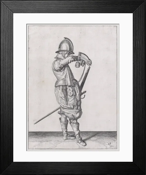 Framed Print : A soldier charging his caliver which is held stock down, from the Marksmen serie... published 1608. Creator: Robert Willemsz de Baudous Framed Print : A soldier charging his caliver which is held stock down, from the Marksmen serie... published 1608. Creator: Robert Willemsz de Baudous