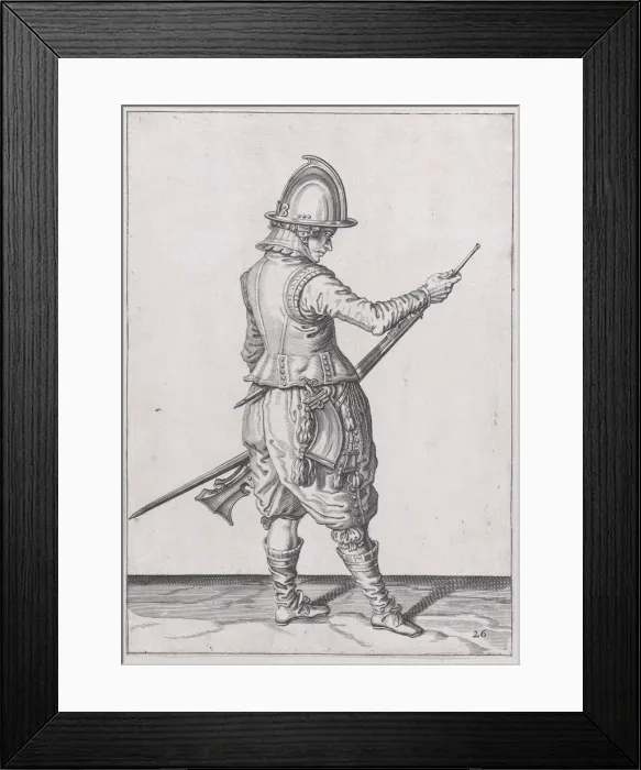 Framed Print : A soldier ramming home powder and bullet with the ramrod, from the Marksmen seri... published 1608. Creator: Robert Willemsz de Baudous Framed Print : A soldier ramming home powder and bullet with the ramrod, from the Marksmen seri... published 1608. Creator: Robert Willemsz de Baudous