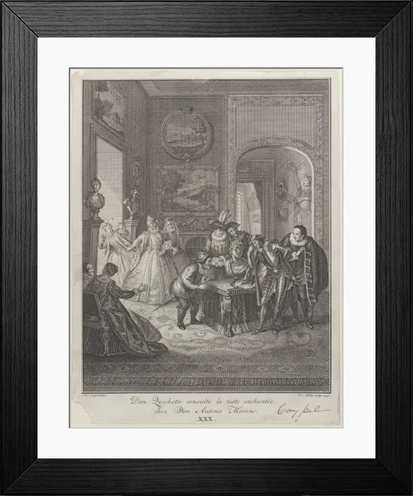 Framed Print : Plate 30: Don Quixote consults the enchanted head at Don Antonio Morenos house (Don Quich... 1745. Creator: Jakob van Schley) Framed Print : Plate 30: Don Quixote consults the enchanted head at Don Antonio Morenos house (Don Quich... 1745. Creator: Jakob van Schley)