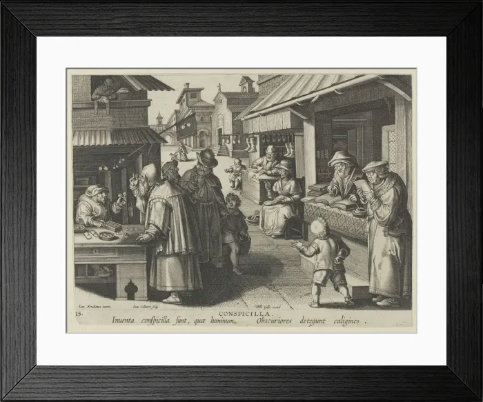 Framed Print : New Inventions of Modern Times [Nova Reperta], The Invention of Eyeglasses, plate 15... ca. 1600. Creator: Jan Collaert I