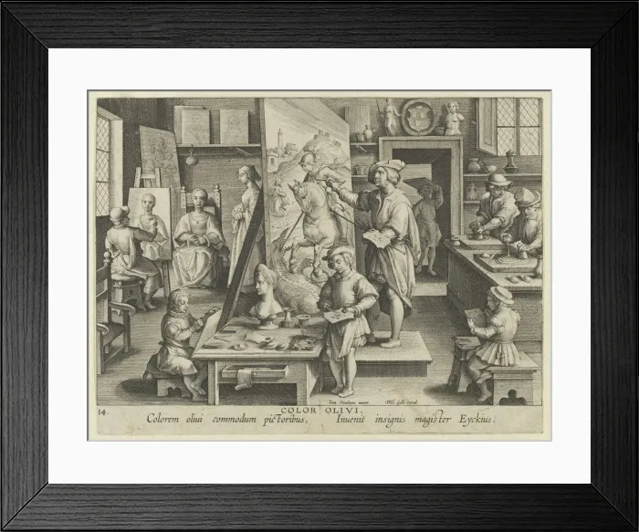 Framed Print : New Inventions of Modern Times [Nova Reperta], The Invention of Oil Painting, plate 14... ca. 1600. Creator: Jan Collaert I