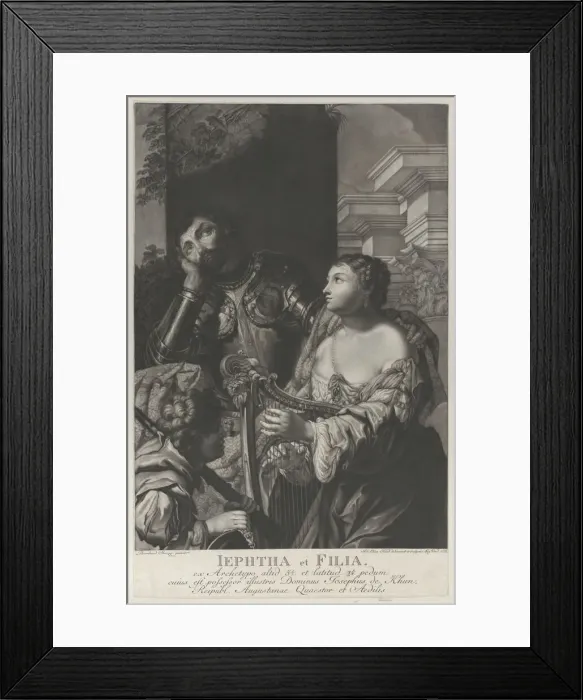 Framed Print : Jephtha dressed in armor looking up in despair, and his daughter holds a harp at right, 1775. Creator: Johann Elias Haid Framed Print : Jephtha dressed in armor looking up in despair, and his daughter holds a harp at right, 1775. Creator: Johann Elias Haid