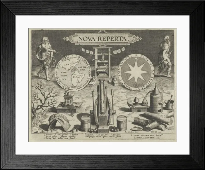 Framed Print : New Inventions of Modern Times [Nova Reperta], Title Plate, ca. 1600. Creator: Jan Collaert I