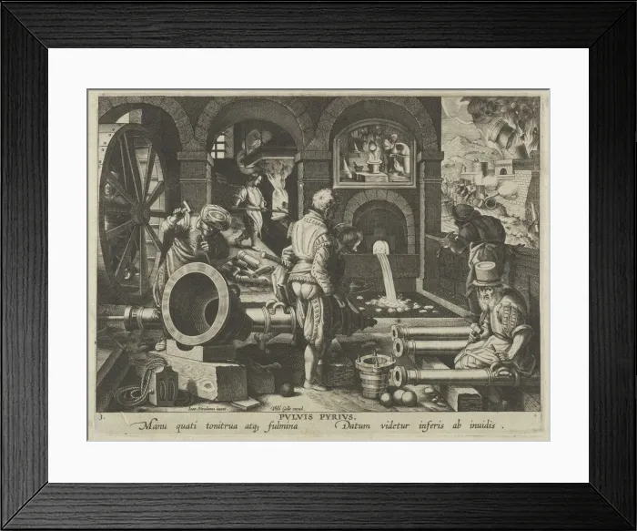 Framed Print : New Inventions of Modern Times [Nova Reperta], The Invention of Gunpowder, plate 3, ca... ca. 1600. Creator: Jan Collaert I