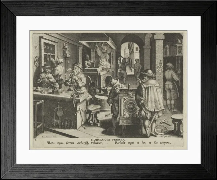 Framed Print : New Inventions of Modern Times [Nova Reperta], The Invention of the Clockwork, plate 5... ca. 1600. Creator: Jan Collaert I