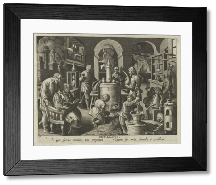 Framed Print : New Inventions of Modern Times [Nova Reperta], The Invention of Distillation, plate 7... ca. 1600. Creator: Jan Collaert I