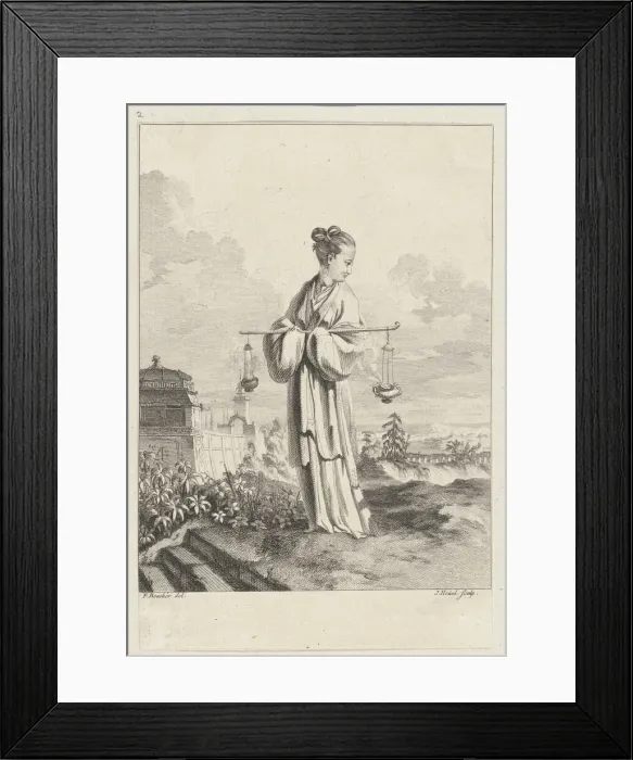 Framed Print : Chinoiserie with a female figure holding burning perfumes, from Suite de Figures Chinoi... 1755-76. Creator: Jean-Pierre Houel Framed Print : Chinoiserie with a female figure holding burning perfumes, from Suite de Figures Chinoi... 1755-76. Creator: Jean-Pierre Houel