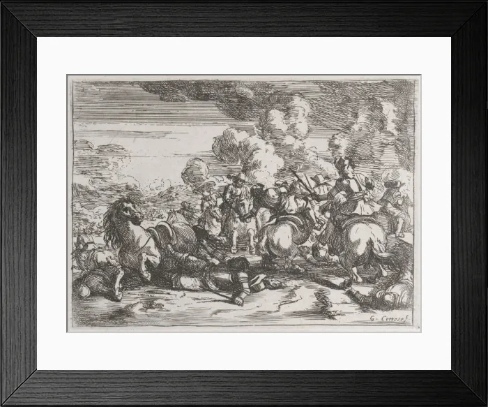 Framed Print : Plate 5: the wounded chief commander lies on the ground, while the battle goes on at ri... 1635-60. Creator: Jacques Courtois Framed Print : Plate 5: the wounded chief commander lies on the ground, while the battle goes on at ri... 1635-60. Creator: Jacques Courtois