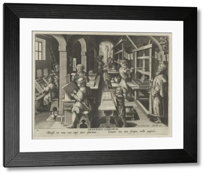 Framed Print : New Inventions of Modern Times [Nova Reperta], The Invention of Book Printing, plate 4... ca. 1600. Creator: Jan Collaert I