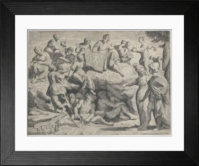 Framed Print : Allegory with Minerva at right, leading a young man towards Mount Parnassus, where the... 1620-47. Creator: Johann Friedrich Greuter Framed Print : Allegory with Minerva at right, leading a young man towards Mount Parnassus, where the... 1620-47. Creator: Johann Friedrich Greuter
