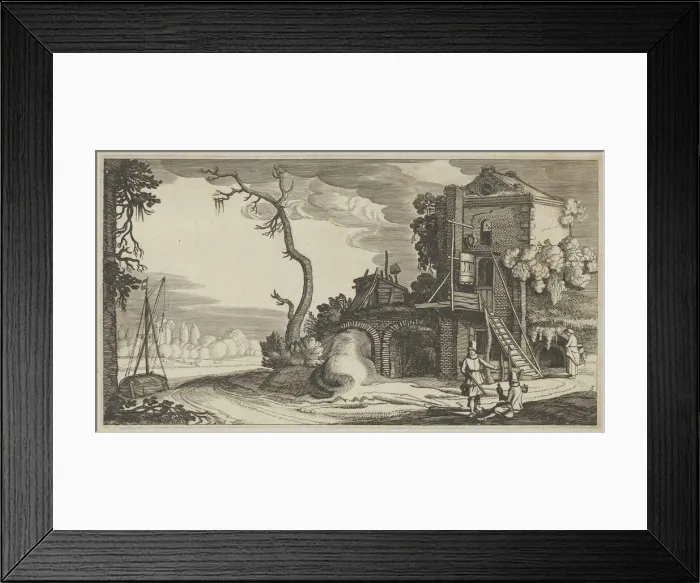 Framed Print : Square Tower Used as Inn near a River, ca. 1641. Creators: Jan van de Velde II, Claes Jansz Visscher Framed Print : Square Tower Used as Inn near a River, ca. 1641. Creators: Jan van de Velde II, Claes Jansz Visscher