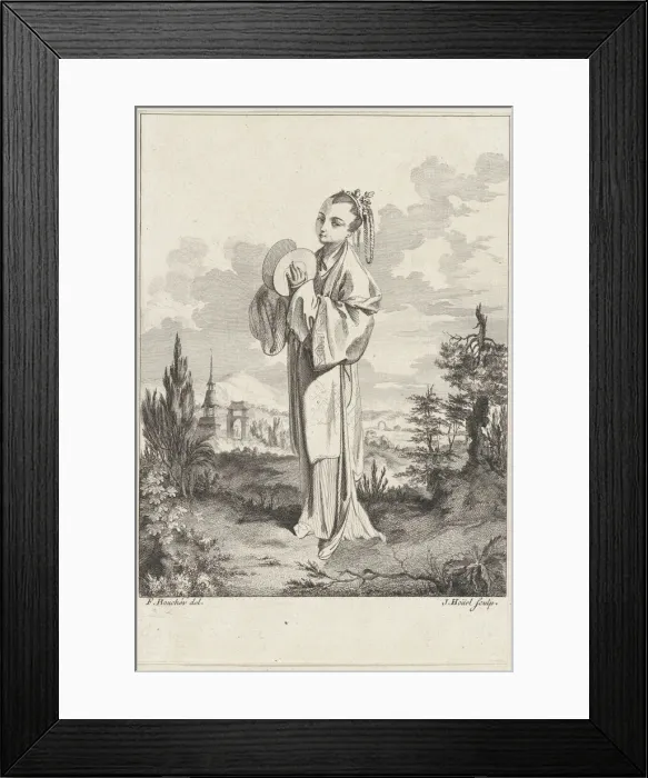 Framed Print : Chinoiserie with a woman holding cymbals, from Suite de Figures Chinoises... Tire du C... 1755-76. Creator: Jean-Pierre Houel Framed Print : Chinoiserie with a woman holding cymbals, from Suite de Figures Chinoises... Tire du C... 1755-76. Creator: Jean-Pierre Houel