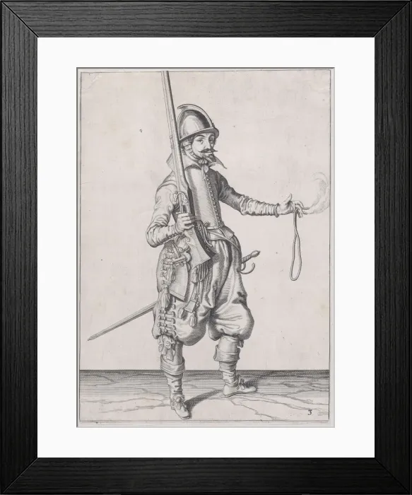 Framed Print : A soldier holding up his caliver in his right hand and extending his left to rec... published 1608. Creator: Robert Willemsz de Baudous Framed Print : A soldier holding up his caliver in his right hand and extending his left to rec... published 1608. Creator: Robert Willemsz de Baudous