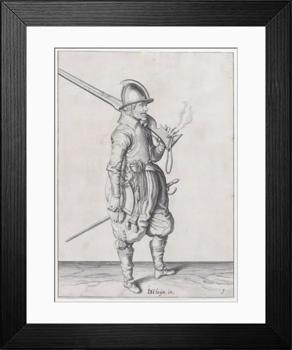 Framed Print : A soldier holding his caliver, from the Marksmen series, plate 1, in Waffenhandl... published 1608. Creator: Robert Willemsz de Baudous Framed Print : A soldier holding his caliver, from the Marksmen series, plate 1, in Waffenhandl... published 1608. Creator: Robert Willemsz de Baudous