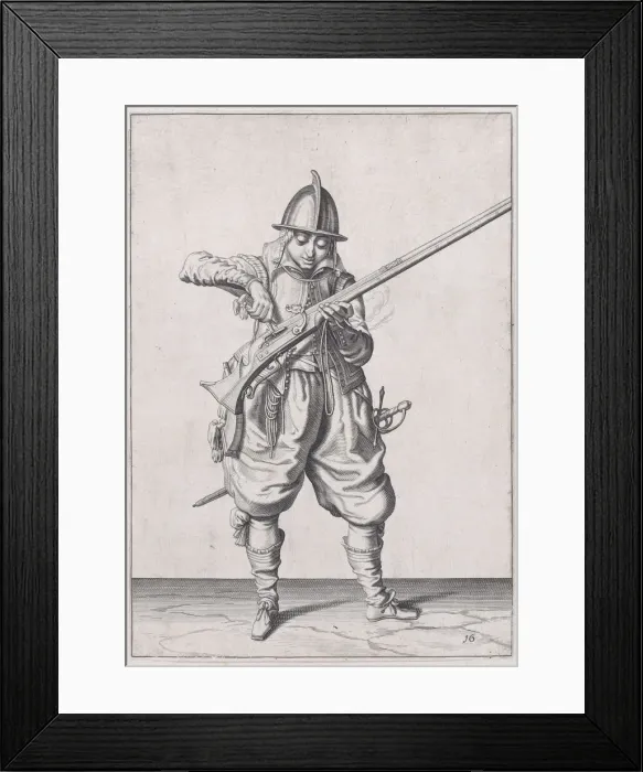Framed Print : A soldier pouring powder into the pan, from the Marksmen series, plate 16, in Wa... published 1608. Creator: Robert Willemsz de Baudous Framed Print : A soldier pouring powder into the pan, from the Marksmen series, plate 16, in Wa... published 1608. Creator: Robert Willemsz de Baudous