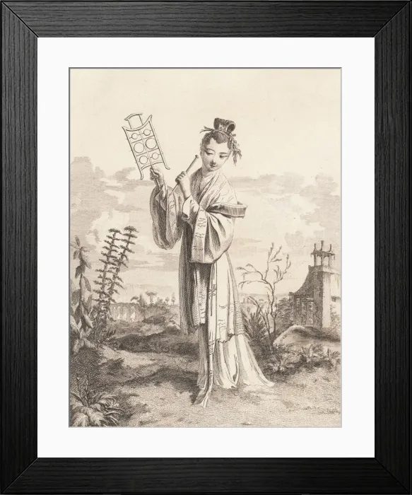 Framed Print : Chinoiserie with a woman playing a musical instrument, from Suite de Figures Chinoises... 1755-76. Creator: Jean-Pierre Houel Framed Print : Chinoiserie with a woman playing a musical instrument, from Suite de Figures Chinoises... 1755-76. Creator: Jean-Pierre Houel